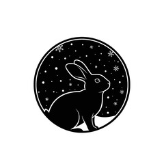 A black silhouette of a rabbit sits against a snowy night sky filled with snowflakes, framed in a circle.