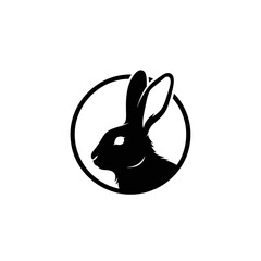 A stylized black and white illustration of a rabbit's profile inside a circular frame.