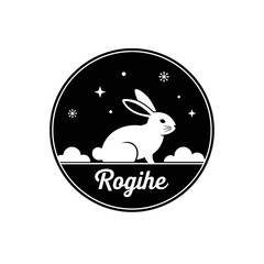 A stylized black and white logo featuring a rabbit with stars.