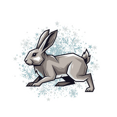 A stylized illustration of a grey rabbit, depicted in a dynamic, running pose, with snowflake accents.