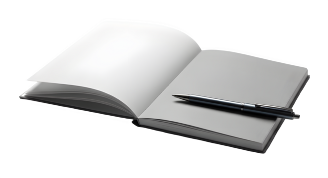 Open blank notebook and pen isolated on white background, ideal for mockup or writing concept