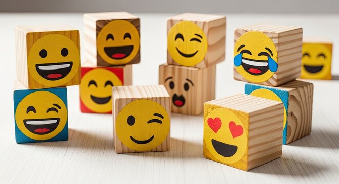 Wooden Blocks with Emoji Icons for Social Media and Communication Themes