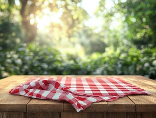 Empty wooden picnic table with red and white checkered cloth in a sunlit garden setting evoking warmth and tranquility