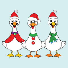 Three cheerful geese friends wearing festive christmas hats and scarves celebrating the holiday season together with joy and merriment