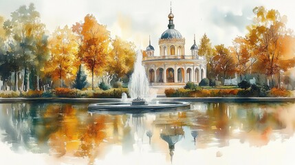 Elegant classical building with domes near a fountain surrounded by autumn trees reflected in calm water on a misty day