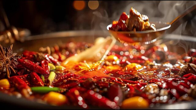 Traditional Chinese spicy hot pot with chili peppers, broth, and ingredients boiling in rich flavorful soup
