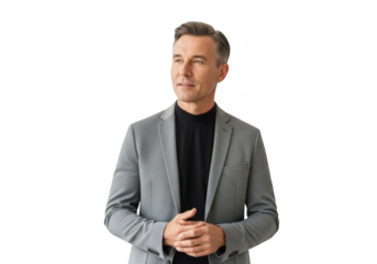 Professional businessman in gray suit looking away png image, business portrait, isolated image, model isolated on transparent background