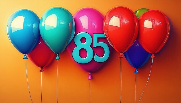 Colorful glossy balloons against an orange background with a central purple balloon displaying the number eighty-five, evoking a festive and celebratory mood - Powered by Adobe