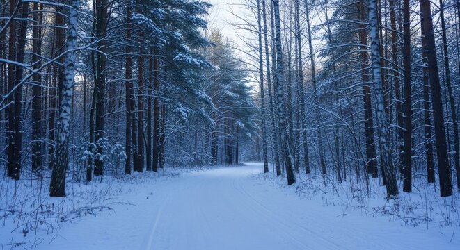 Serene winter forest pathway with snow-covered trees in tranquil woodland landscape - Powered by Adobe