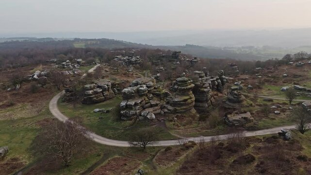 Aerial pov of Brimham Rocks National park in the United Kingdom.