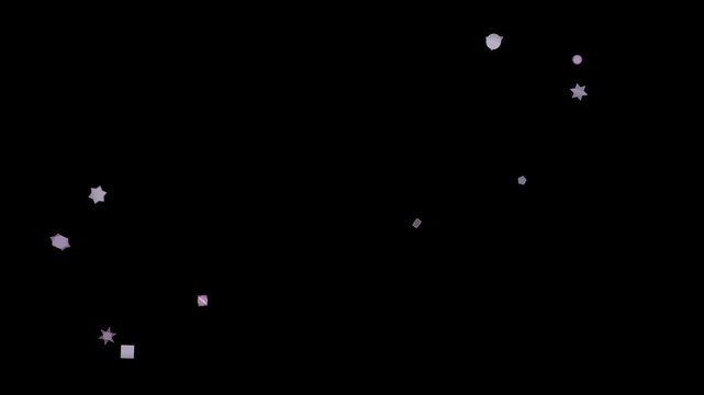 Abstract pattern of scattered geometric shapes in pastel colors on a black background