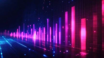 Futuristic digital sound wave visualization with glowing purple and pink vertical bars on a dark grid background emitting a vibrant, dynamic energy