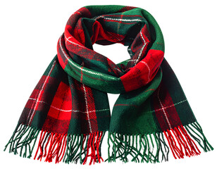 Plaid woolen winter scarf in green and red, isolated on transparent background.
