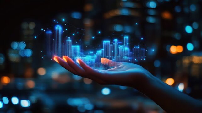 Futuristic digital cityscape hologram floating above open hand with glowing blue and orange lights in dark blurred background - Powered by Adobe