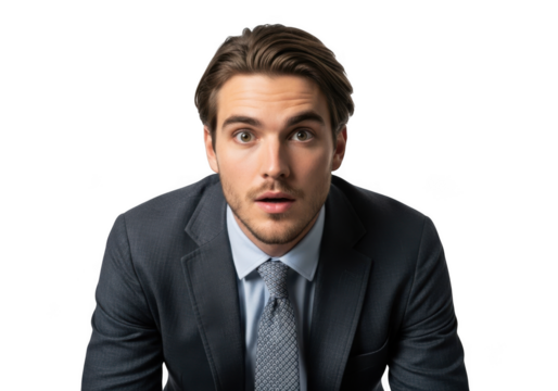 Surprised businessman with open mouth and wide eyes in suit and tie portrait photography isolated on transparent background - Powered by Adobe