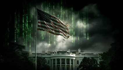 Symbolic american flag waves over white house amidst digital rain and stormy skies