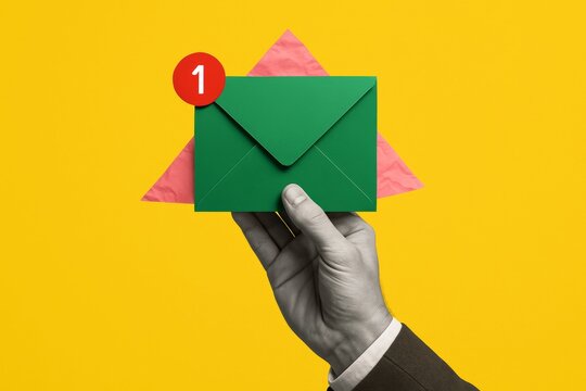 Hand holding green envelope with notification badge symbolizing new message on vibrant yellow background, pink paper peeking from inside. Ai generative. Ai generative