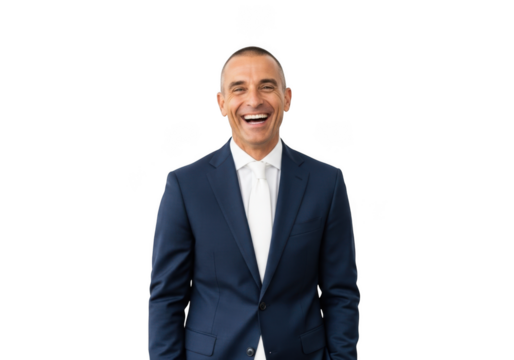 Smiling businessman in suit portrait stock photo, happy executive laughing, professional headshot isolated on transparent background - Powered by Adobe