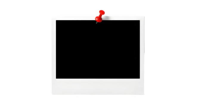 Blank instant photo frame pinned with red pushpin isolated on white background