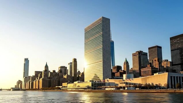 United Nations Headquarters New York City Skyline Waterfront View.