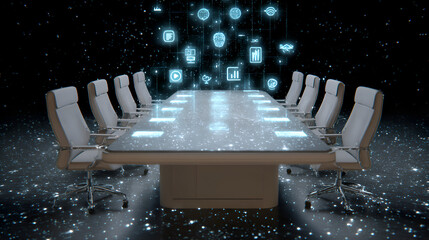 Futuristic digital boardroom with glowing data and technology elements