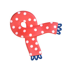A 3D stylized red scarf with white polka dots and blue zigzag fringe.