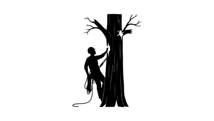 Tree trimming worker climbing with rope with transparent background