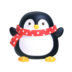 A 3D stylized chubby penguin wearing a red polka dot scarf.