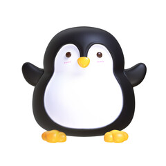 A 3D stylized chubby penguin with black and white coloring and yellow feet.