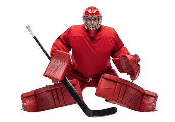 Full body shot of a determined hockey goalie in red gear with stick ready to defend isolated on transparent background