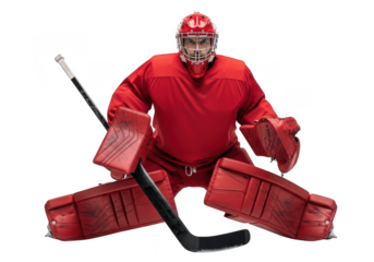 Full body shot of a determined hockey goalie in red gear with stick ready to defend isolated on transparent background