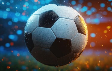 Fototapeta premium Close-up of a wet classic black and white soccer ball hovering with glowing blue and orange bokeh lights in the background conveying intensity and excitement
