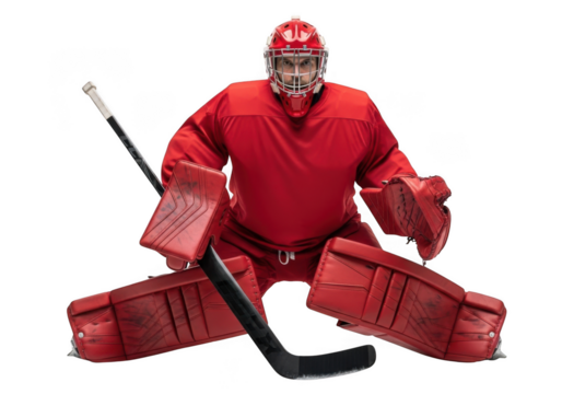 Full body shot of a determined hockey goalie in red gear with stick ready to defend isolated on transparent background