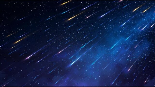 Colorful meteor shower in deep space night sky with glowing stars and motion trails across a cosmic background
