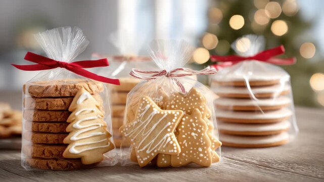 Bags of decorated cookies include shapes like stars and trees, creating a festive holiday mood