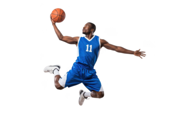 Professional basketball player dunking with ball in blue uniform action shot sports athlete png isolated on transparent background