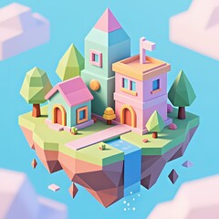 Isometric 3D Metaverse Floating Island.