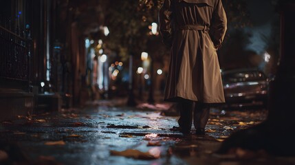 Obraz premium Mysterious man walks a rain slicked city street autumn leaves fall noir cinematic mood