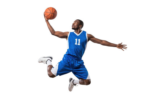 Professional basketball player dunking with ball in blue uniform action shot sports athlete png isolated on transparent background - Powered by Adobe