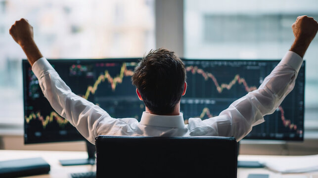 Back view of Successful Business Trader Celebrating Stock Market Growth Financial Success Investment