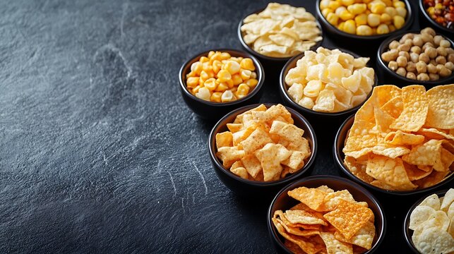 Salty snacks assortment shot on dark slate table