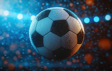 Naklejka premium Close up of a wet soccer ball suspended in mid-air with blue and orange bokeh lighting creating a dynamic and energetic atmosphere