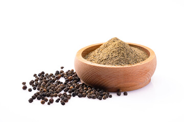 Black peppercorns and ground black pepper powder on white background	