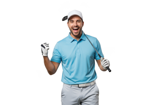 Excited golf player celebrating victory with golf club in hand wearing gloves and cap png isolated on transparent background