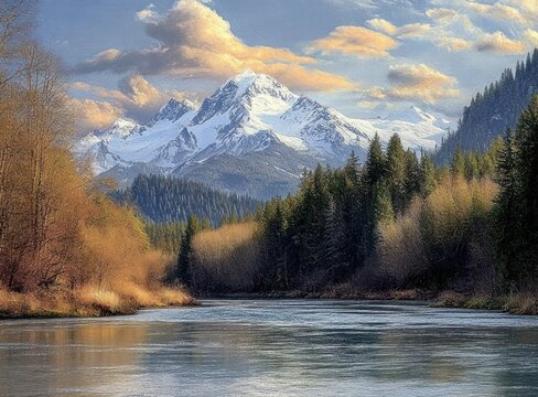 Serene river flowing through autumnal forest with snow-capped mountain in the background under a partly cloudy sky at sunset