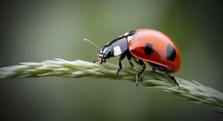 Obraz premium Close-up of a bright red and black ladybug walking on a green plant stem with a blurred natural background