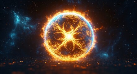 Fototapeta premium A glowing blue and orange fiery sphere with electric-like patterns floating in a dark cosmic space filled with distant stars and nebulas