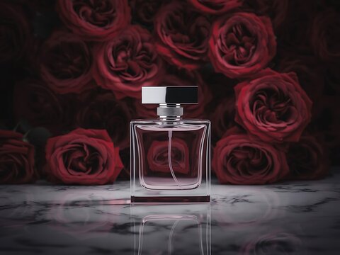 Elegant clear glass perfume bottle with black and white cap sits on a marble surface surrounded by deep red roses