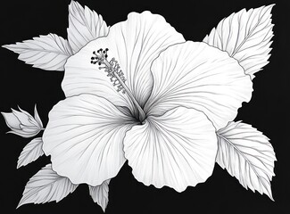 Detailed black and white illustration of a large hibiscus flower with prominent petals and stamen surrounded by multiple leaves against a dark background