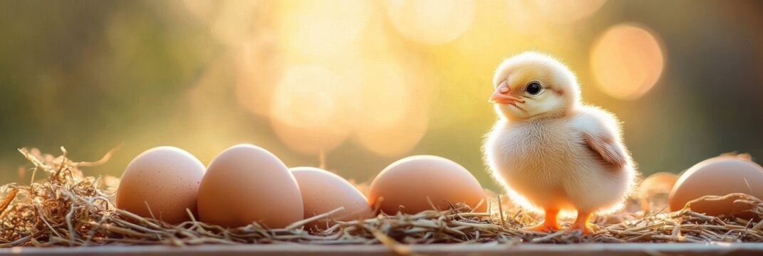 fluffy yellow chick standing on straw nest next to a group of brown eggs with warm sunlight background - Powered by Adobe